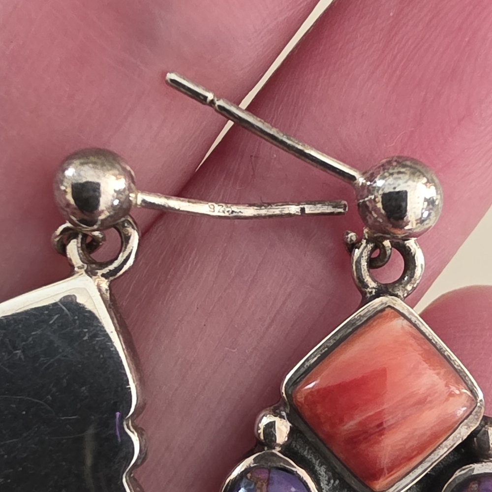 Navajo Native American Southwestern Sterling Silver Turquoise Cluster Earrings - Picture 11 of 13